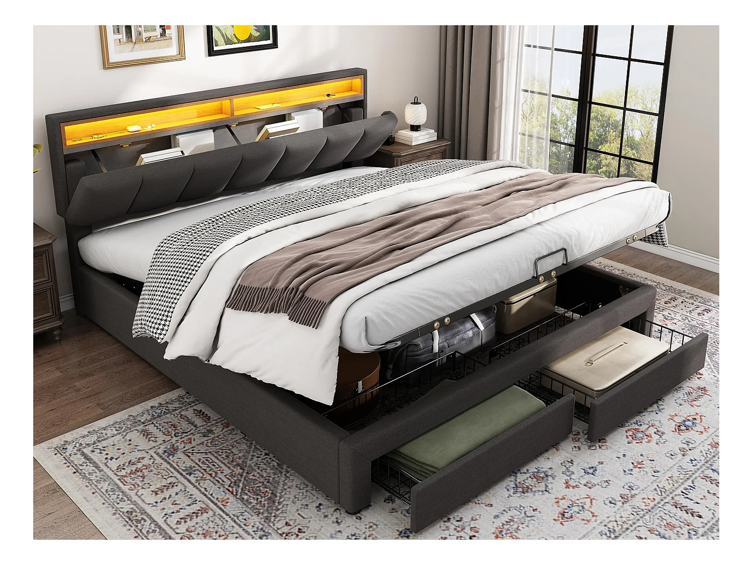 Lit coffre rembourré 160x200cm en lin avec tiroir et LED - tête de rangement - sommier à lattes - Gris