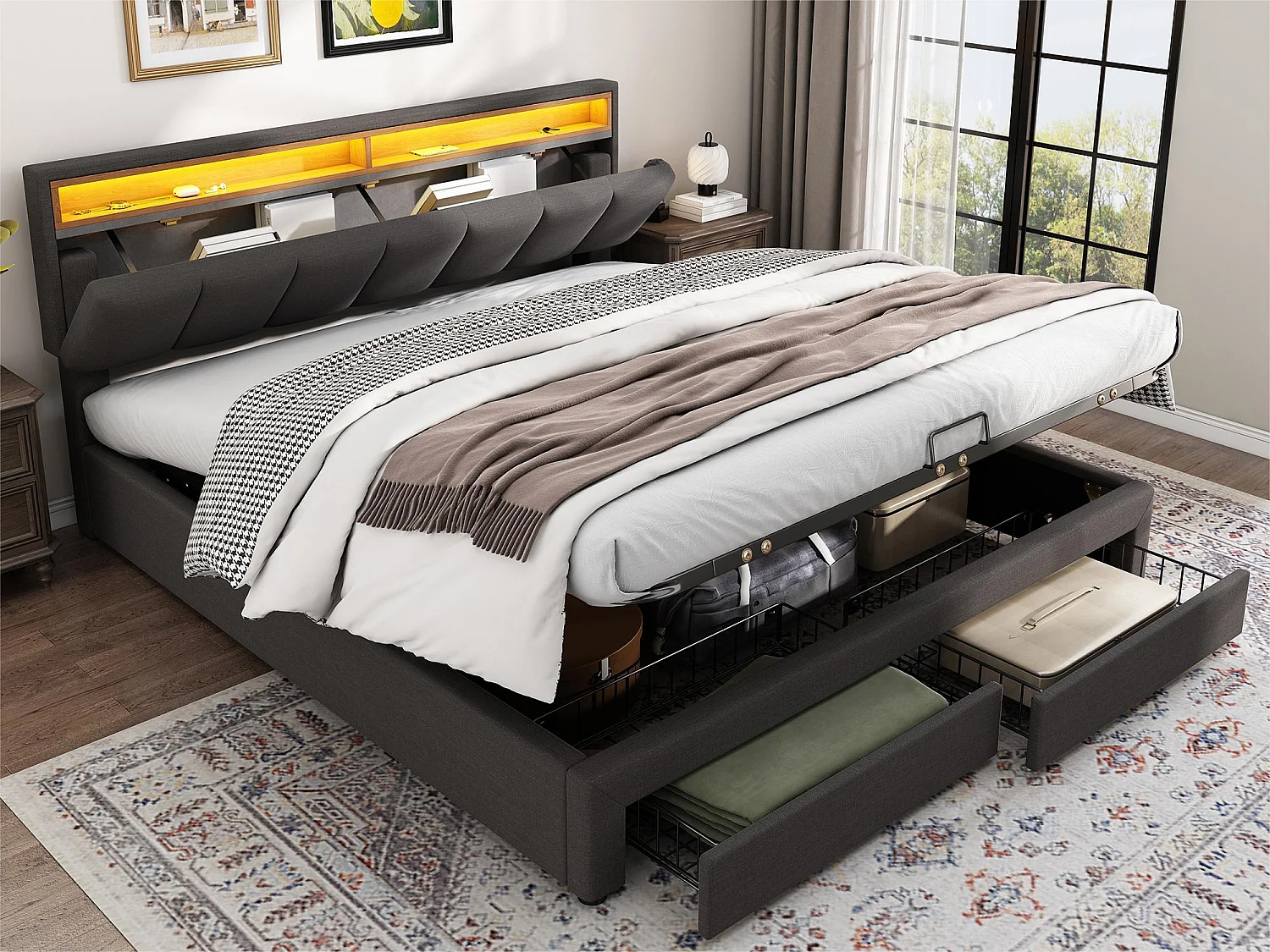 Lit coffre rembourré 160x200cm en lin avec tiroir et LED - tête de rangement - sommier à lattes - Gris