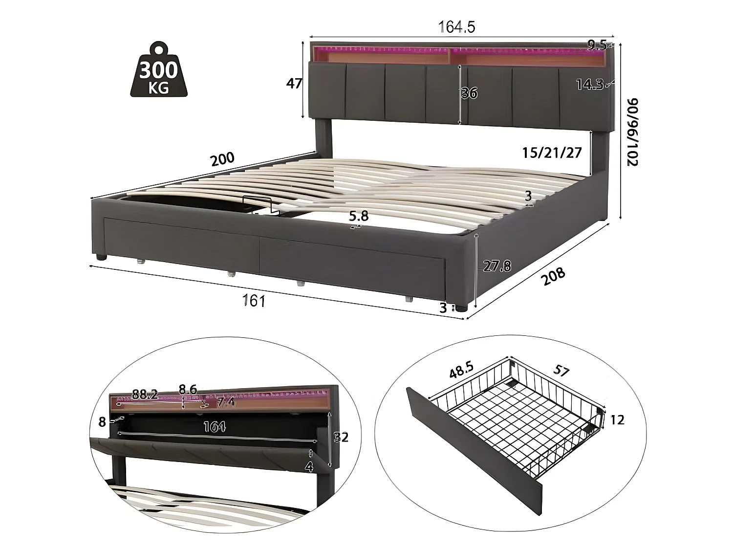 Lit coffre rembourré 160x200cm en lin avec tiroir et LED - tête de rangement - sommier à lattes - Gris