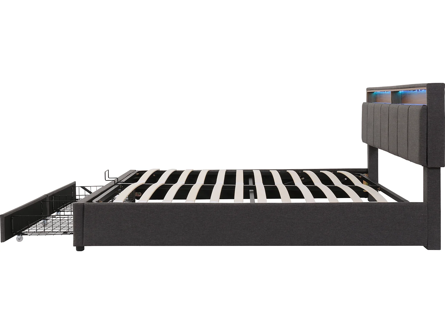 Lit coffre rembourré 160x200cm en lin avec tiroir et LED - tête de rangement - sommier à lattes - Gris