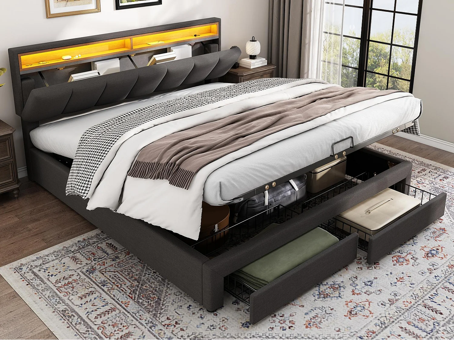 Gepolstertes Stauraumbett 160 x 200 cm in Leinen mit Schublade und LED – Stauraum-Kopfteil – Lattenrost – Grau