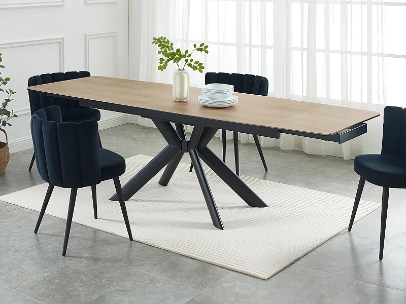 Table à manger extensible 6 à 10 personnes en céramique, verre trempé et métal - Naturel clair et Noir - LIOMINA de Maison Céphy