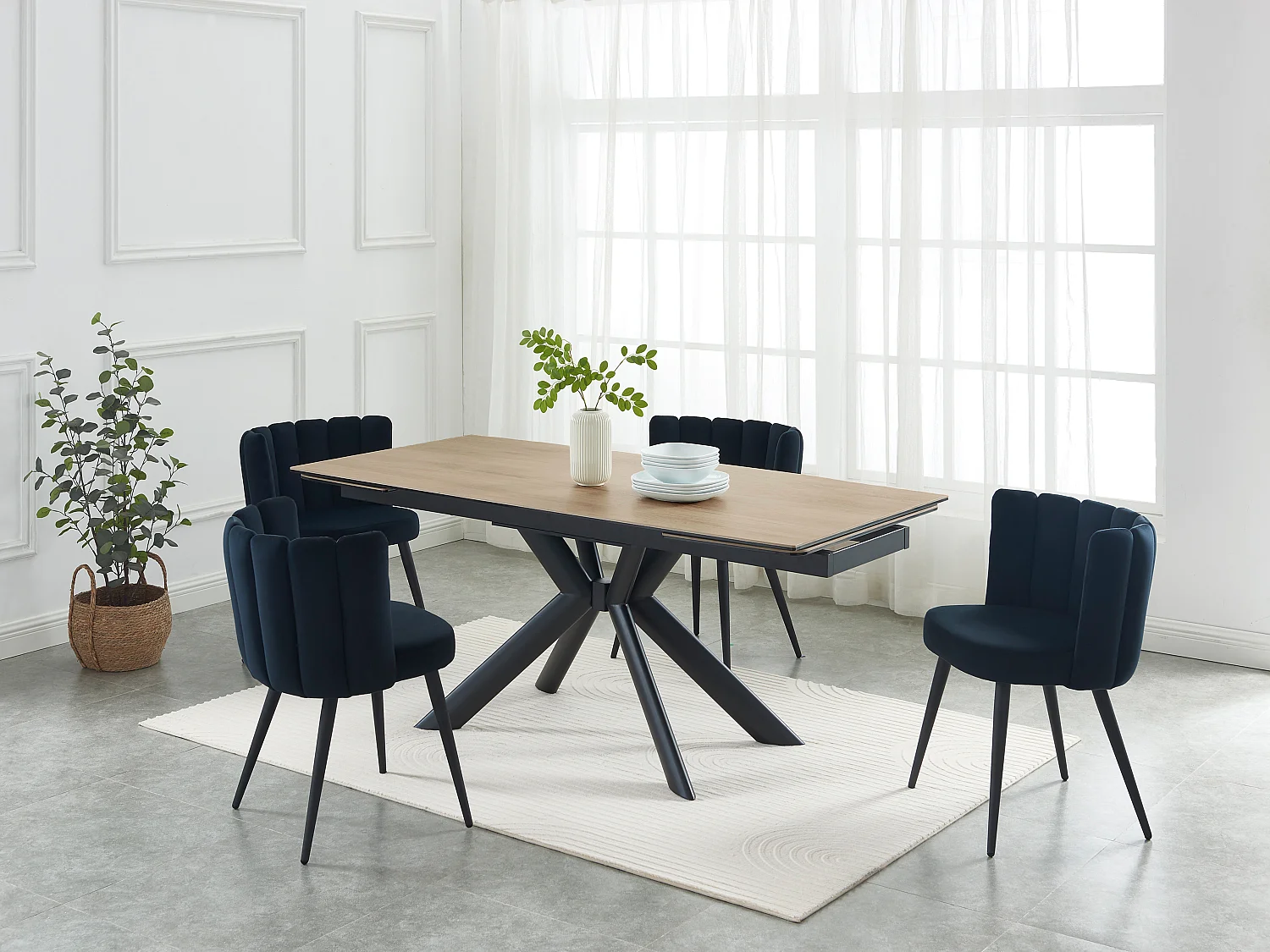 Table à manger extensible 6 à 10 personnes en céramique, verre trempé et métal - Naturel clair et Noir - LIOMINA de Maison Céphy