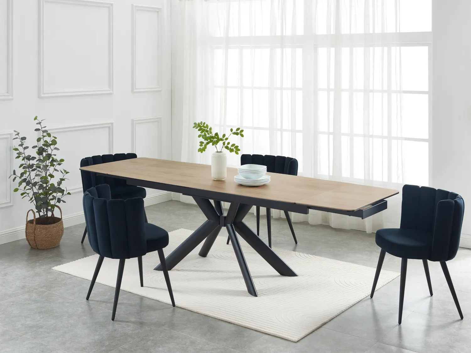 Table à manger extensible 6 à 10 personnes en céramique, verre trempé et métal - Naturel clair et Noir - LIOMINA de Maison Céphy