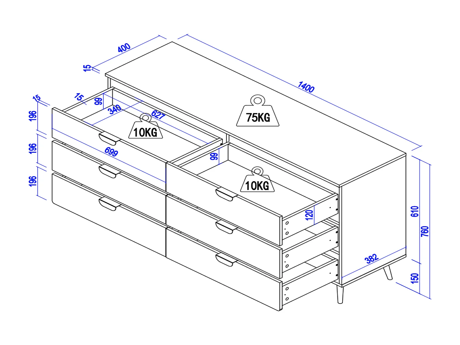 Ladekast met 6 lades - MDF - Kleuren: houtlook en zwart - SINOLO