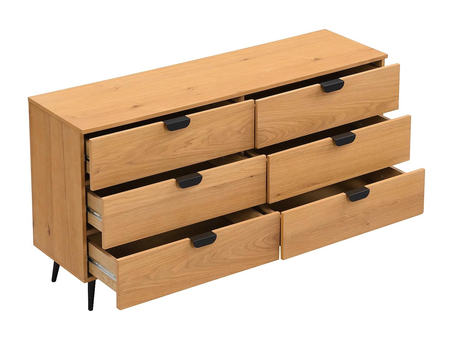 Commode 6 tiroirs - Placage chêne - Coloris : Naturel et noir - SINOLO