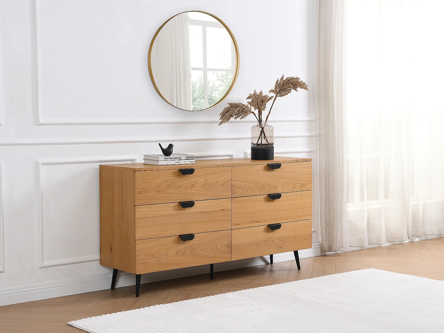 Commode 6 tiroirs - Placage chêne - Coloris : Naturel et noir - SINOLO