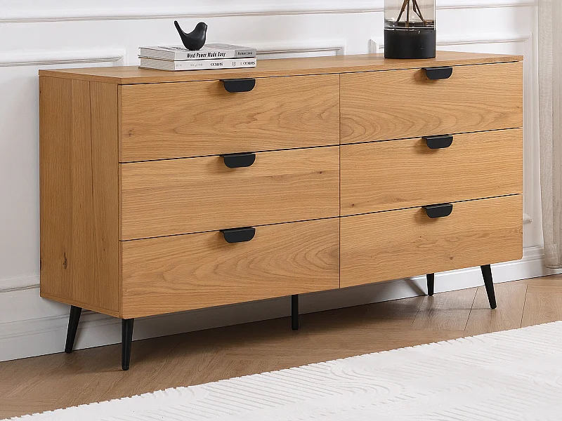 Commode 6 tiroirs - Placage chêne - Coloris : Naturel et noir - SINOLO