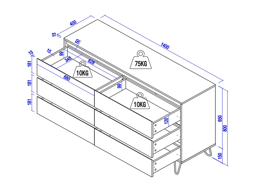 Kommode - 6 Schubladen - MDF - Weiß & Schwarz - ABUJA