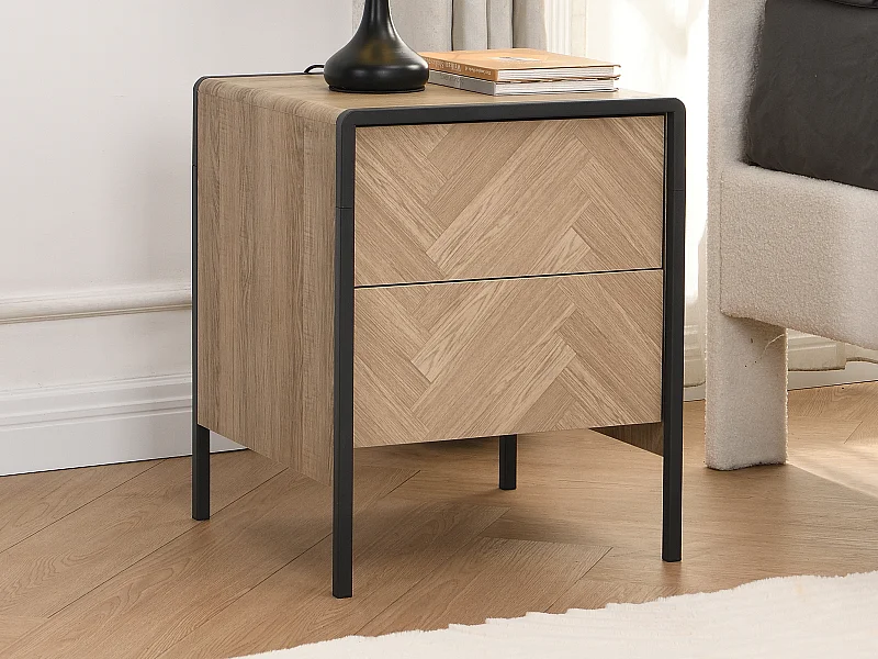 Table de chevet - 2 tiroirs - MDF et métal - Coloris : Naturel et noir - TUMACO