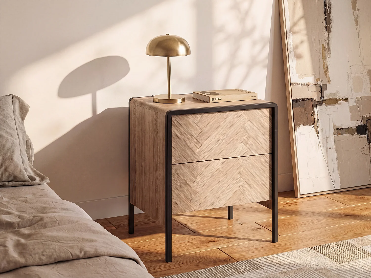 Comodino 2 cassetti MDF e Metallo Naturale e Nero - TUMACO