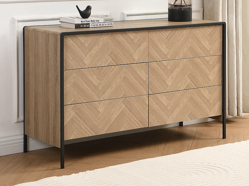 Cómoda 6 gavetas MDF e metal natural e preto - TUMACO