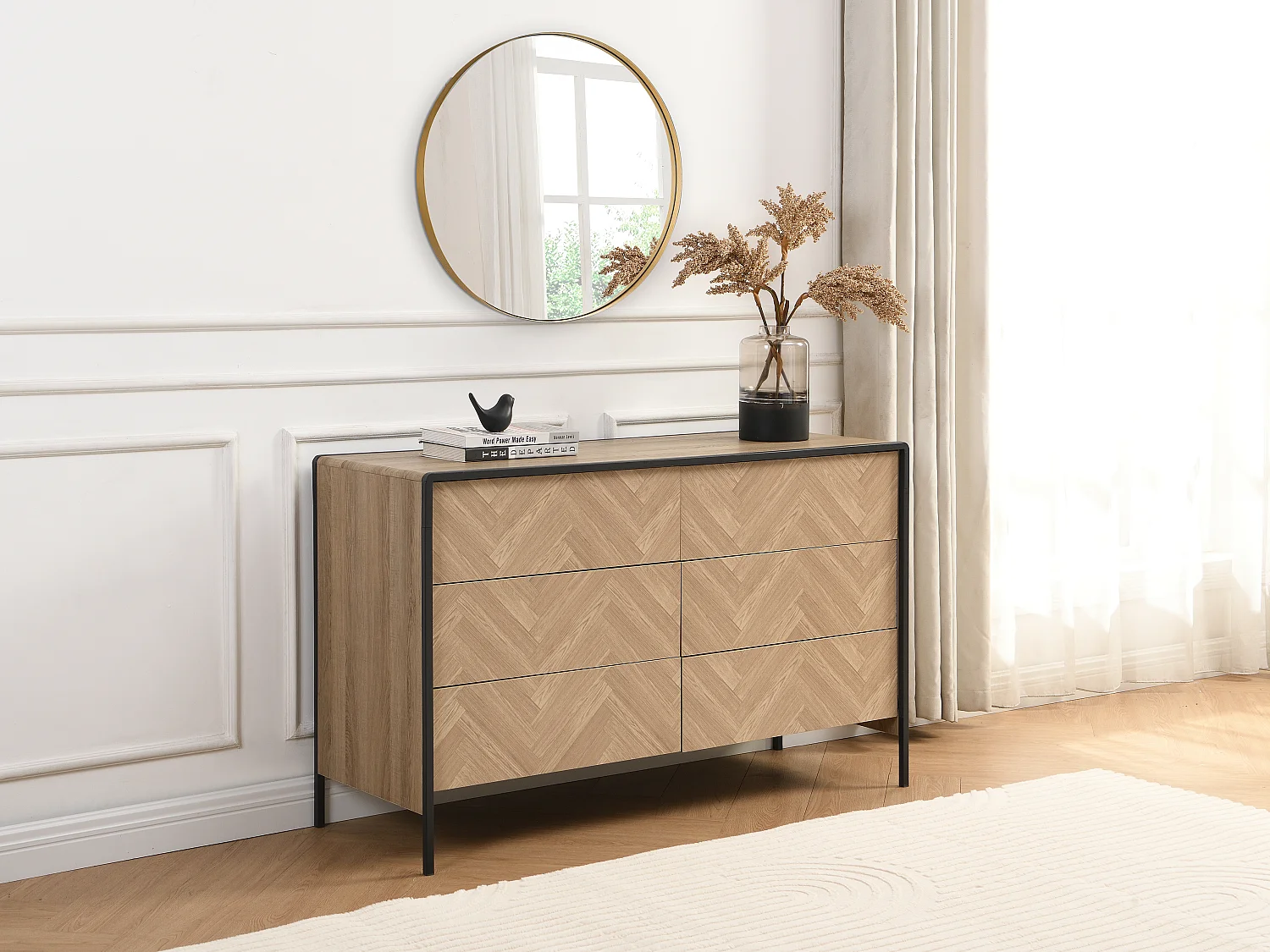 Commode 6 tiroirs - MDF et métal - Coloris : Naturel et noir - TUMACO