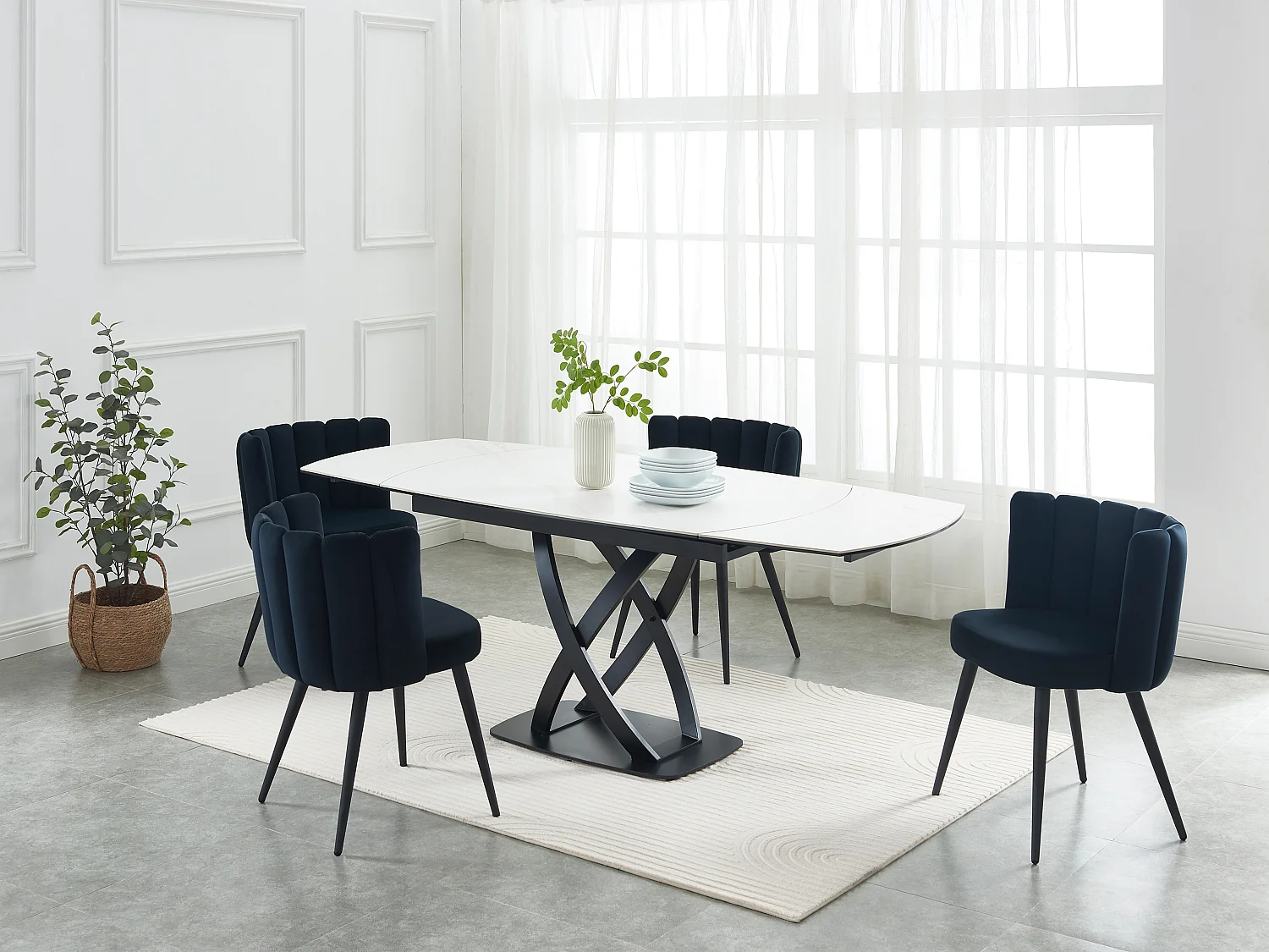 Esstisch ausziehbar - 4 bis 8 Personen - Keramik, Sicherheitsglas & Edelstahl - Marmor-Optik - Weiß & Schwarz - LIOMINA von Maison Céphy