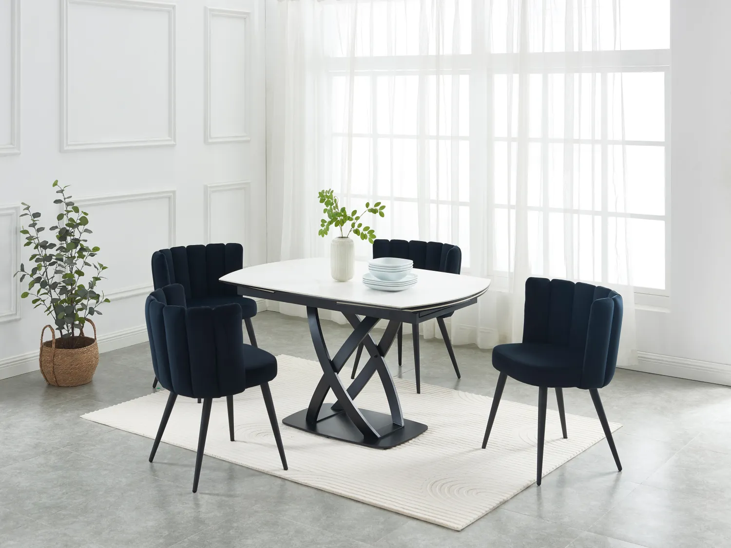 Uitschuifbare eettafel voor 4 tot 8 personen in keramiek, gehard glas en roestvrij staal - Witte marmerlook en zwart - LIOMELI van Maison Céphy