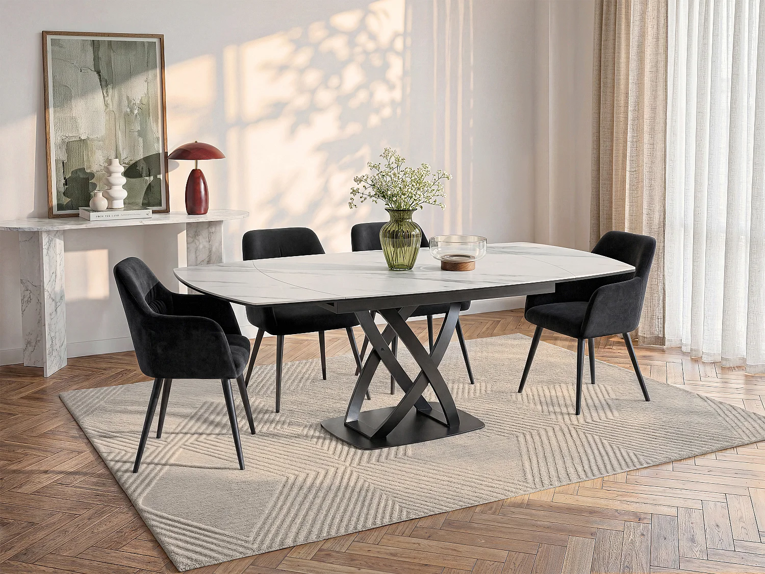 Extendable dining table for 4 to 8 people in ceramic, tempered glass, and stainless steel - White and Black marble effect - LIOMELI by Maison Céphy