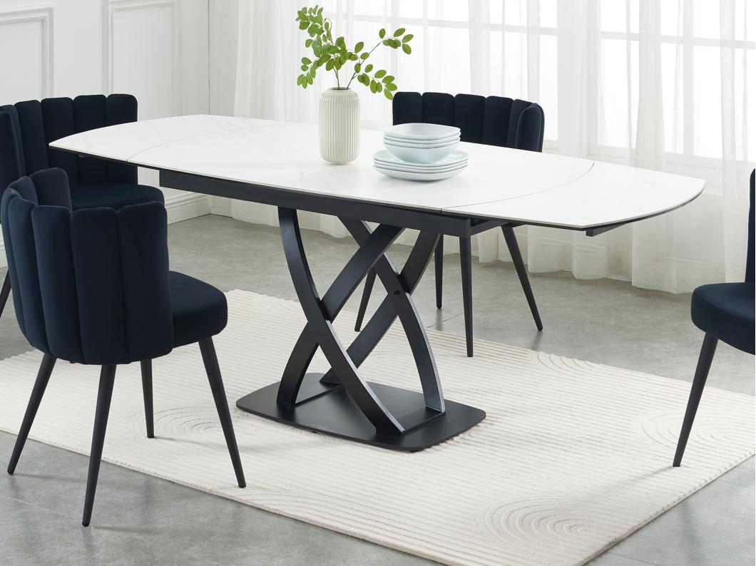 Table à manger extensible 4 à 8 personnes en céramique, verre trempé et acier inoxydable - Effet marbre blanc et Noir - LIOMELI de Maison Céphy