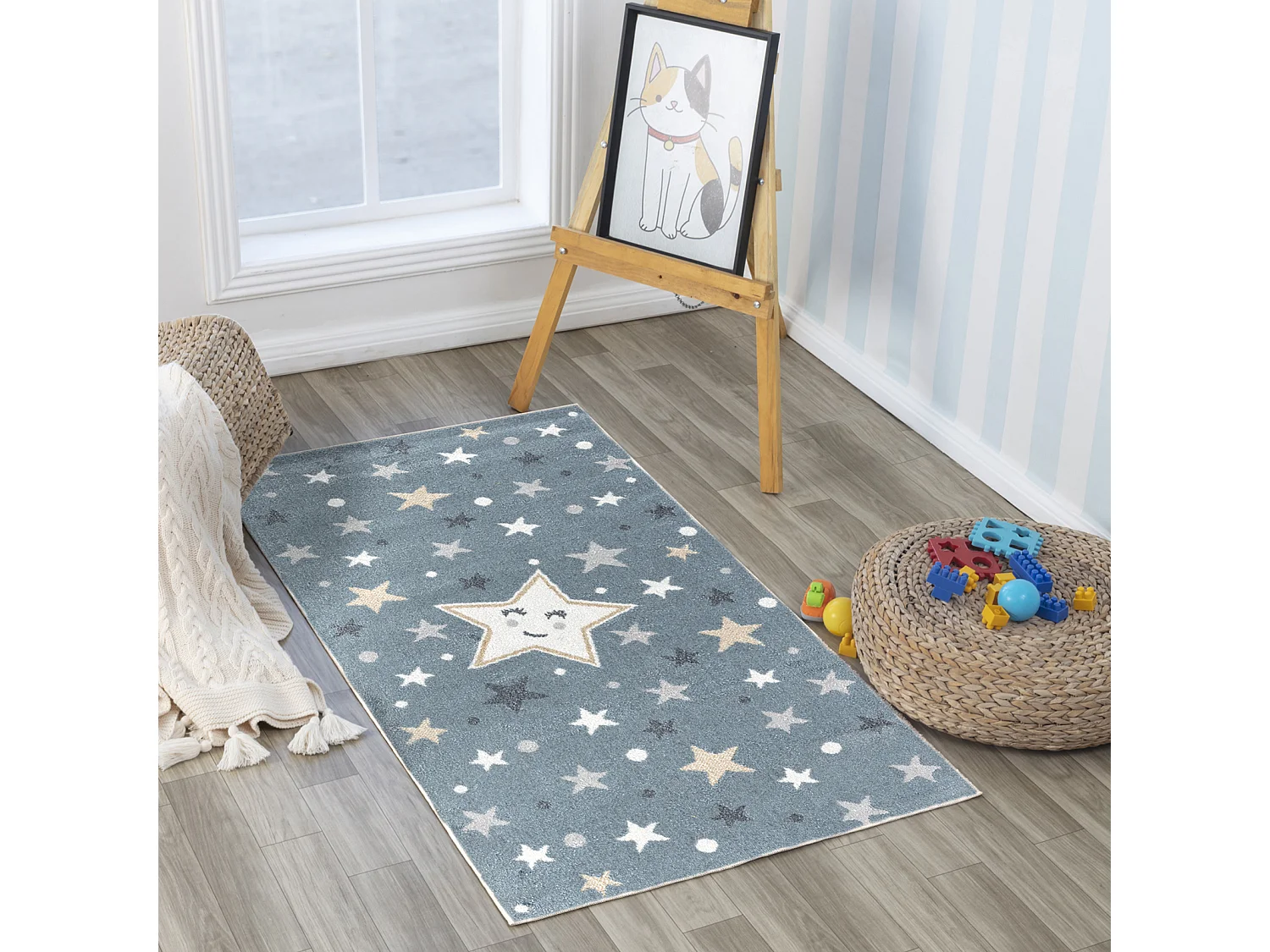 Tapis Enfant Lavable en Machine Étoiles - Bleu/Beige - 80x150cm - SUPERMAMA