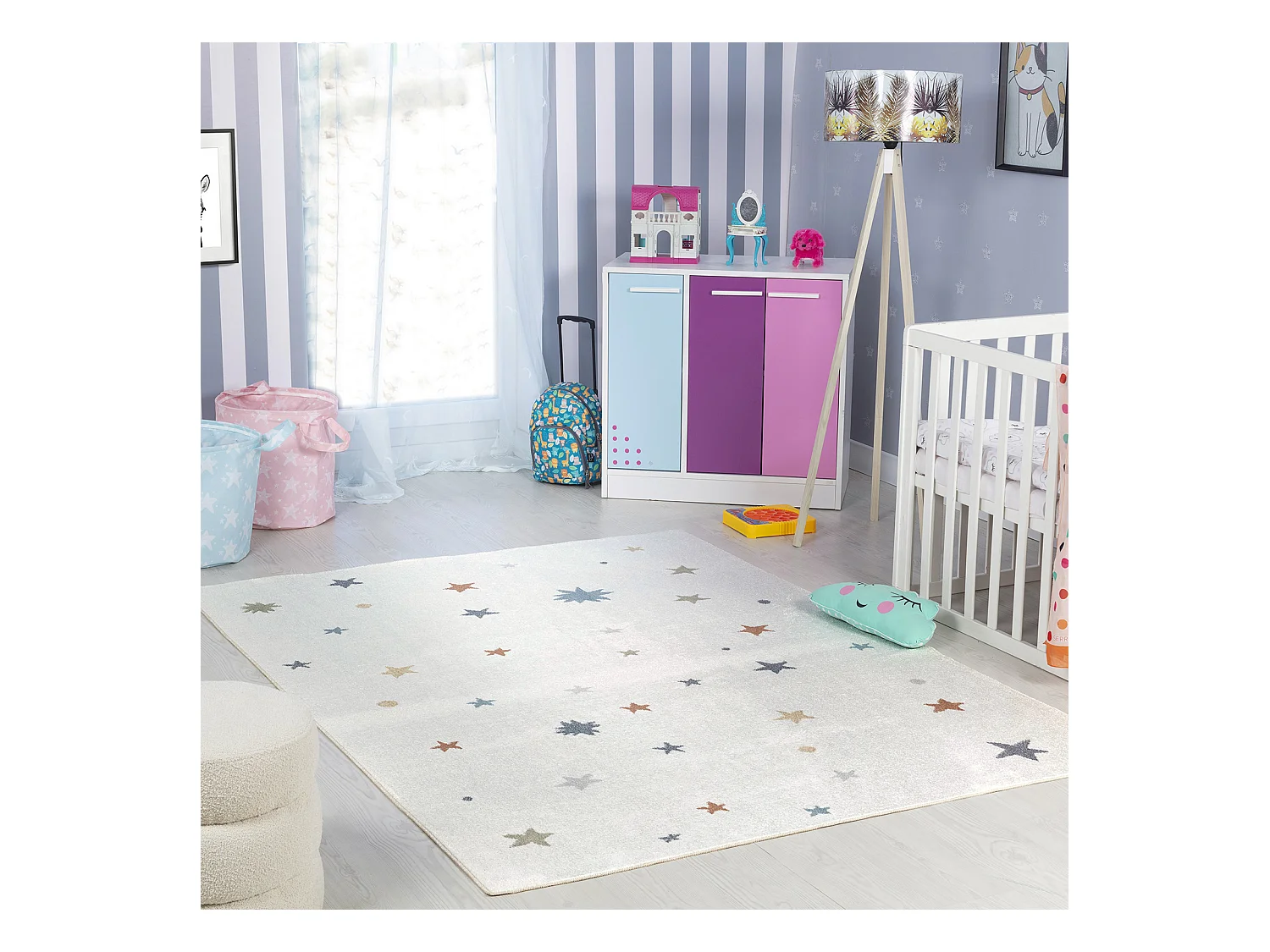 Tapis Enfant Lavable en Machine Étoiles - Multicolore/Beige - 160x213cm - STELLA