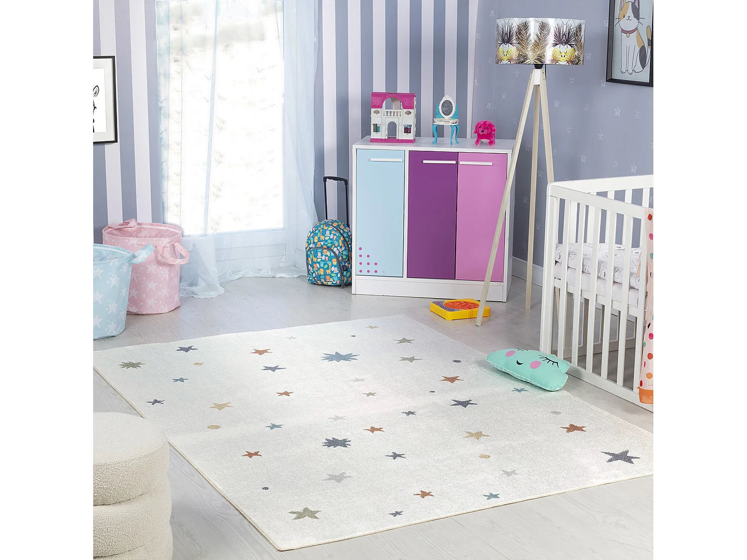 Tapis Enfant Lavable en Machine Étoiles - Multicolore/Beige - 160x213cm - STELLA