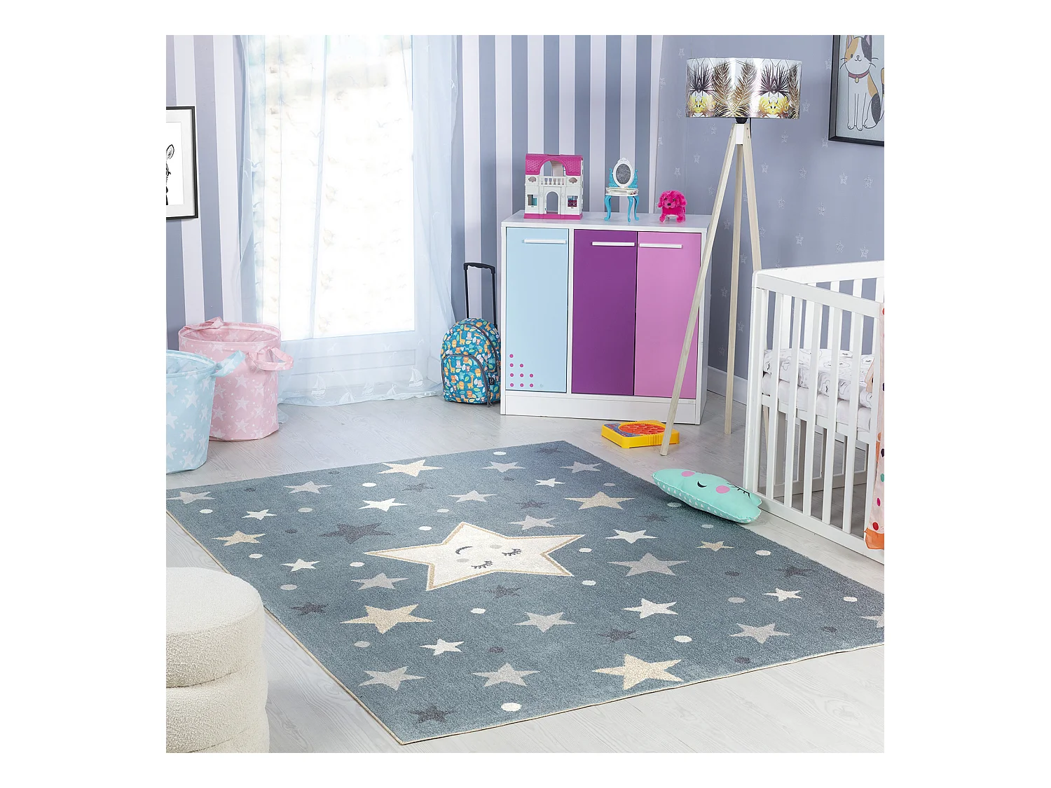 Alfombra para Niños Lavable - Estrellas Azul/Beige - 120x170cm - SUPERMAMA