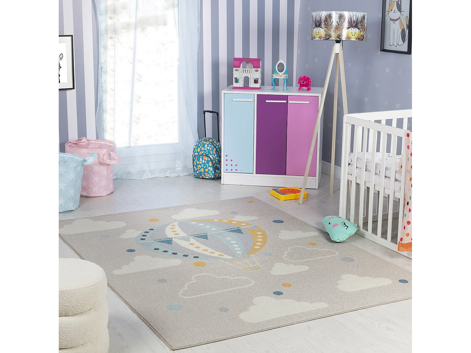 Kinderkamer Vloerkleed Wolken Heteluchtballon - Meerkleurig/Grijs - 160x213cm - MONTY