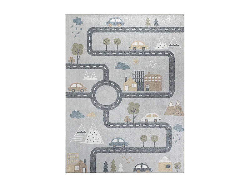 Tapis Enfant Lavable en Machine Circuit Voitures - Bleu/Gris - 160x213cm - VROOMVILLE