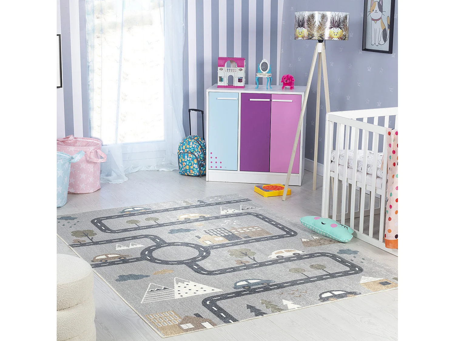 Maschinenwaschbarer Kinderteppich Auto-Rundkurs - Blau/Grau - 120x170cm - VROOMVILLE