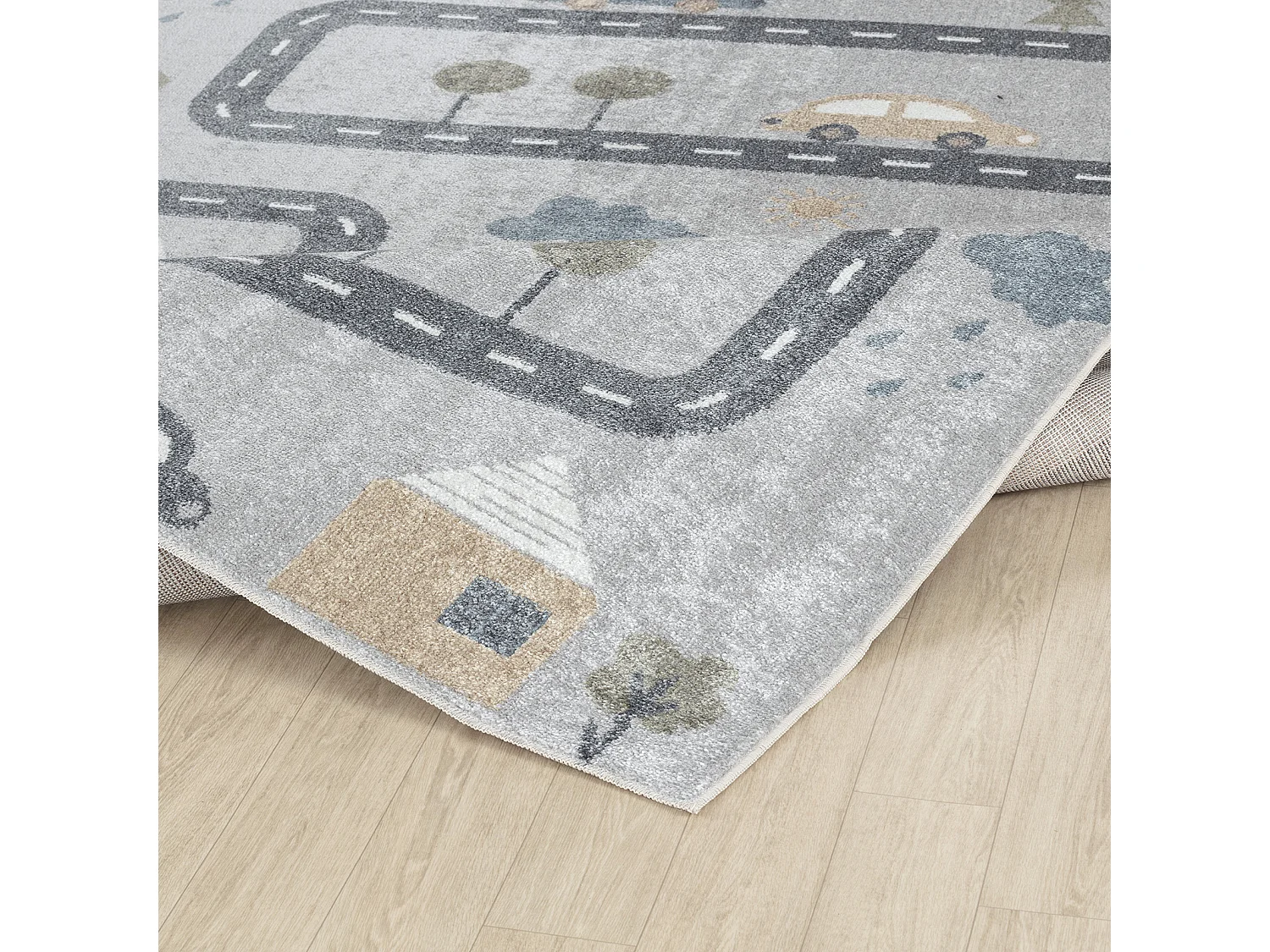 Maschinenwaschbarer Kinderteppich Auto-Rundkurs - Blau/Grau - 120x170cm - VROOMVILLE
