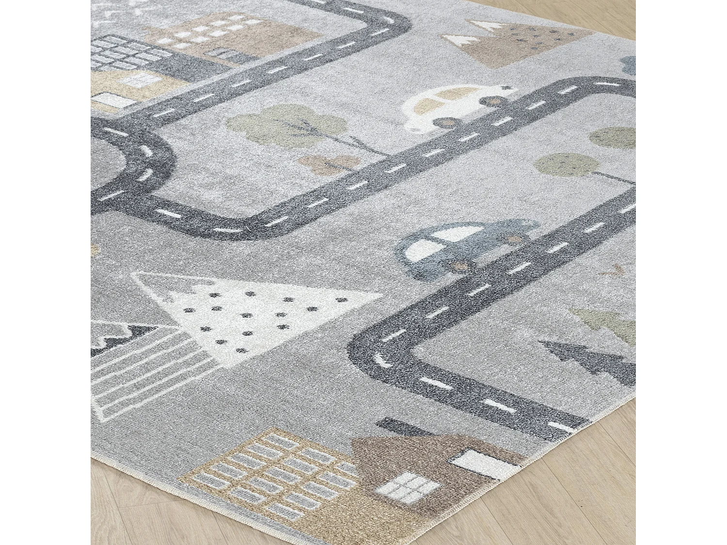 Maschinenwaschbarer Kinderteppich Auto-Rundkurs - Blau/Grau - 120x170cm - VROOMVILLE
