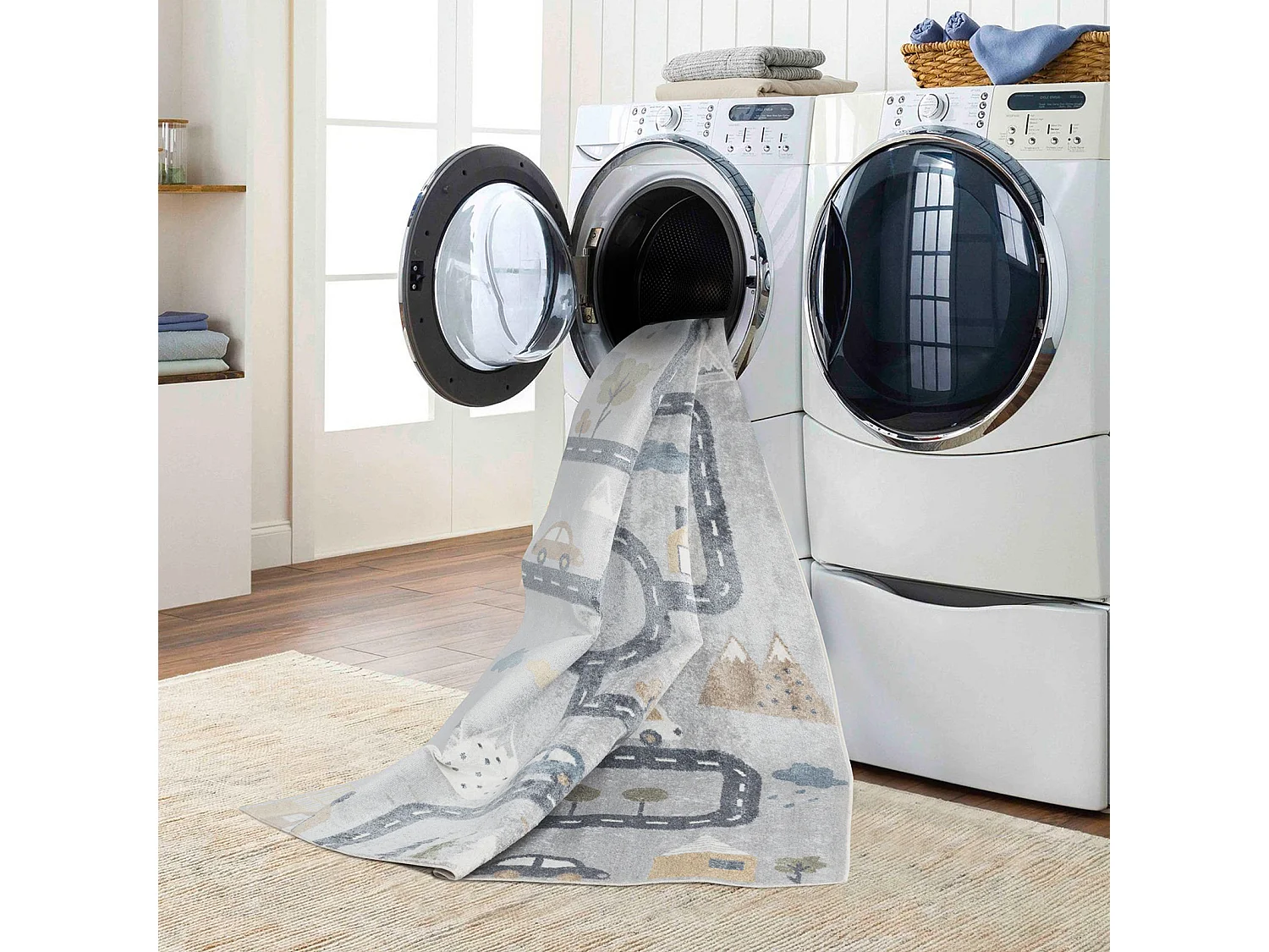 Maschinenwaschbarer Kinderteppich Auto-Rundkurs - Blau/Grau - 120x170cm - VROOMVILLE