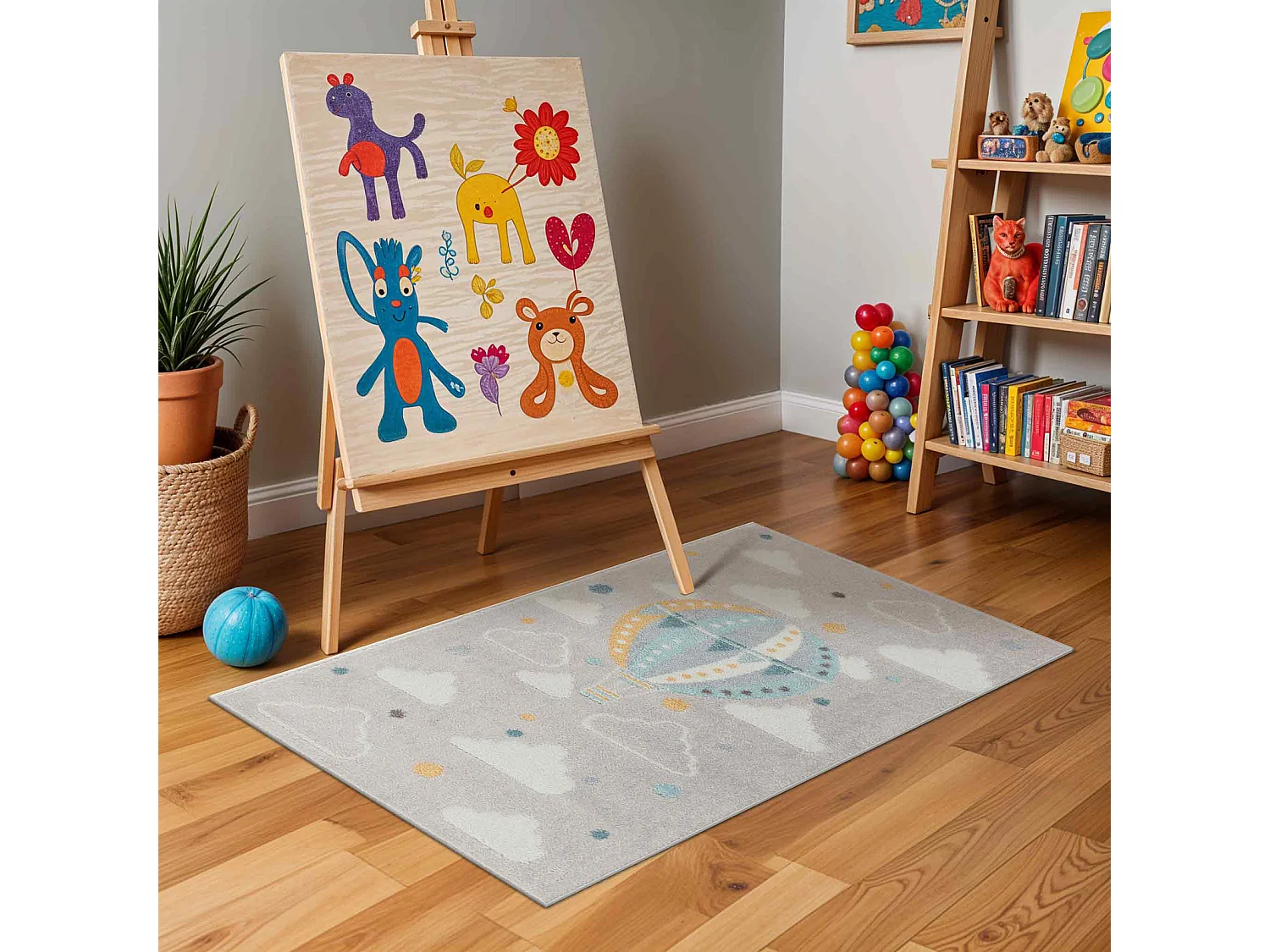 Tapis Enfant Montgolfière Nuages - Multicolore/Gris - 120x170cm - MONTY