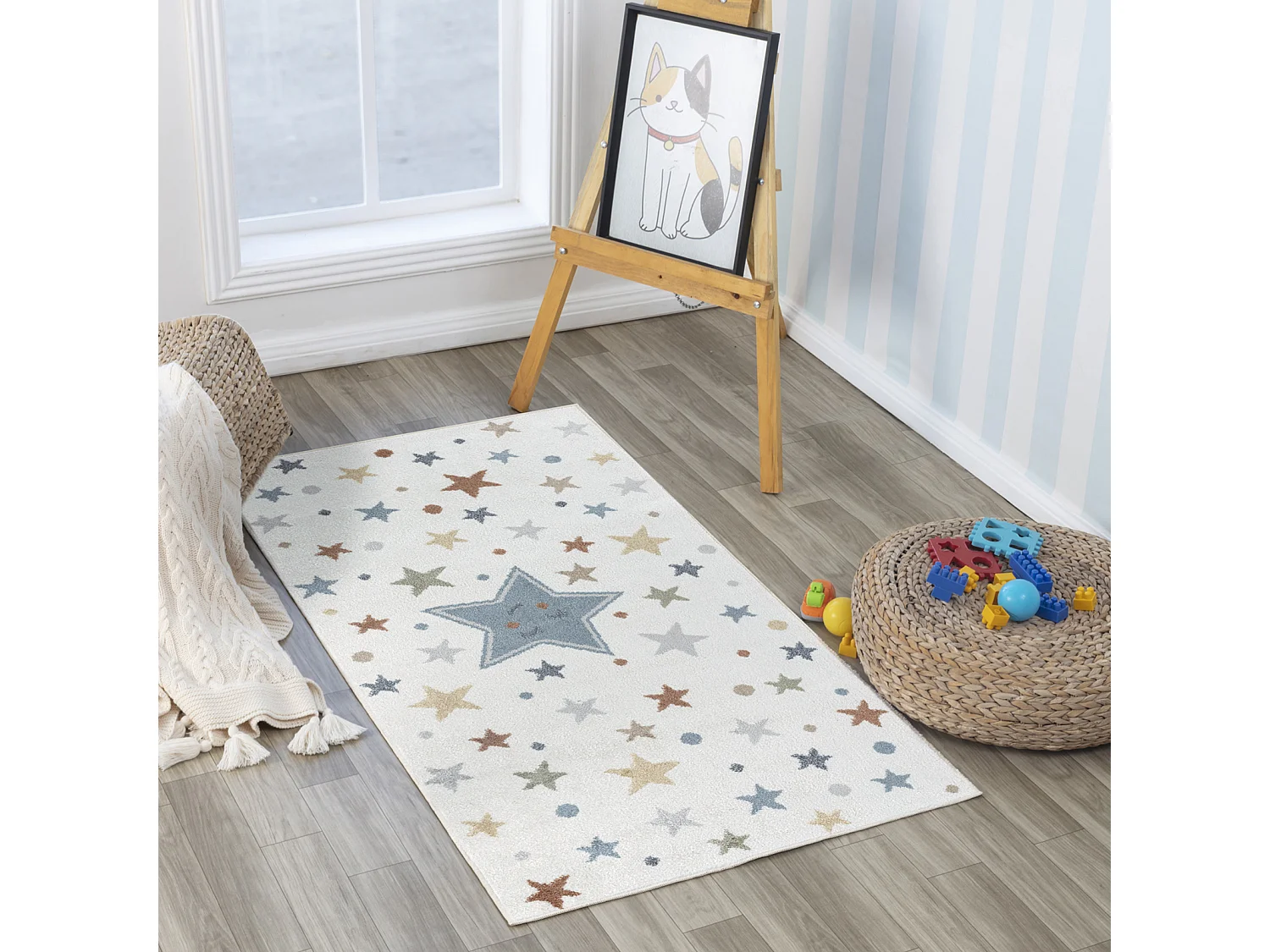 Machinewasbaar Kinderkamer Vloerkleed Sterren - Meerkleurig/Blauw - 80x150cm - SUPERMAMA