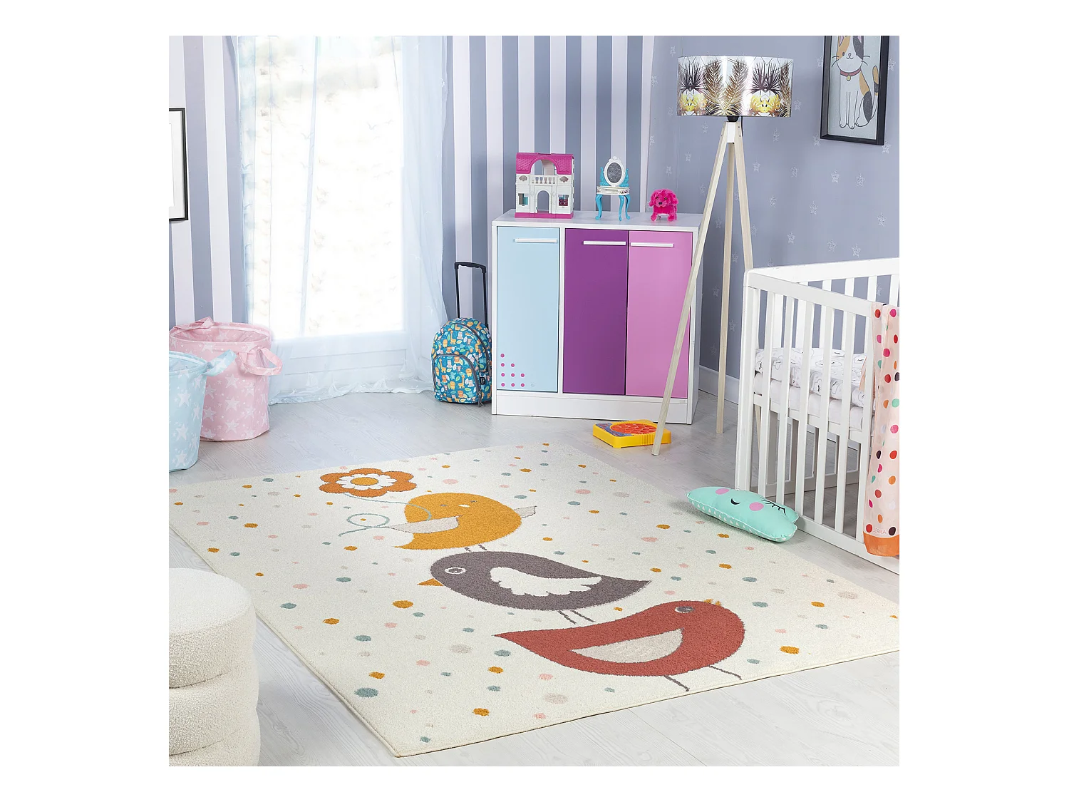Tapis Enfant Oiseaux - Jaune/Bleu/Marron - 120x170cm - PIOUPIOU