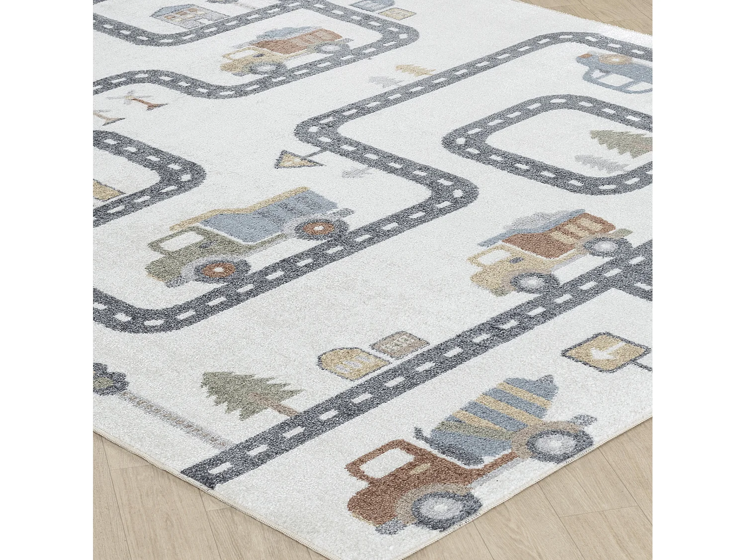 Machinewasbaar Kinderkamer Vloerkleed Autocircuit - Beige/Grijs - 80x150cm - VROOMVILLE