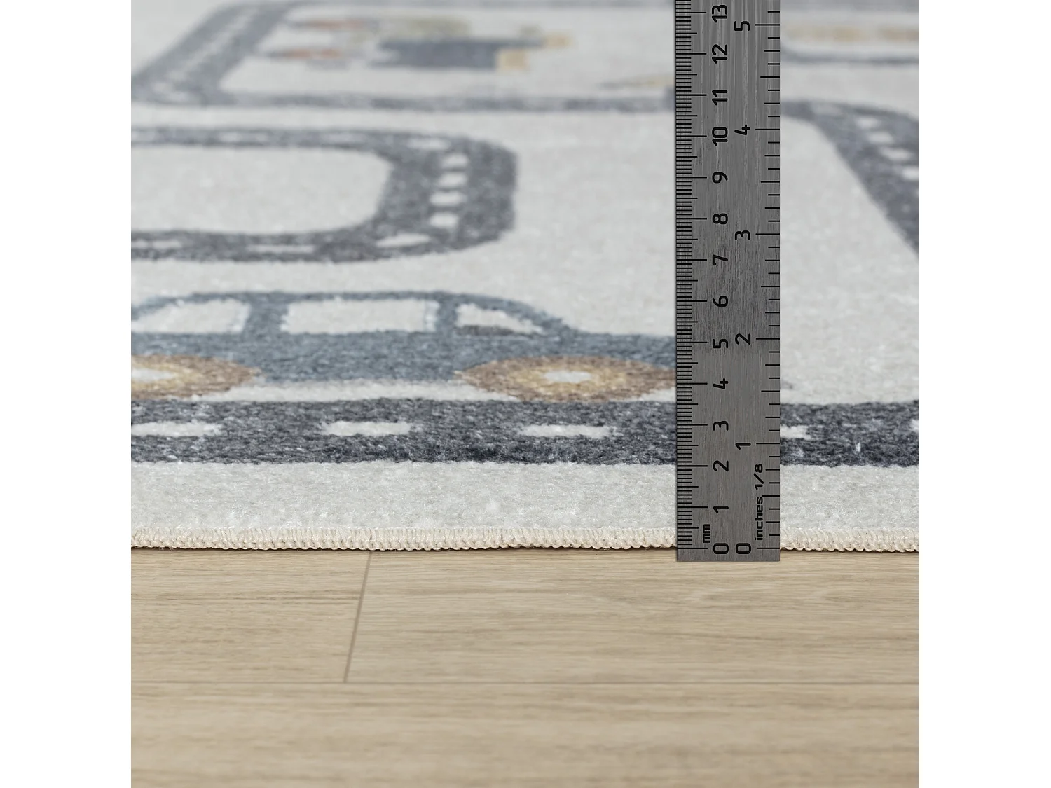 Machinewasbaar Kinderkamer Vloerkleed Autocircuit - Beige/Grijs - 80x150cm - VROOMVILLE