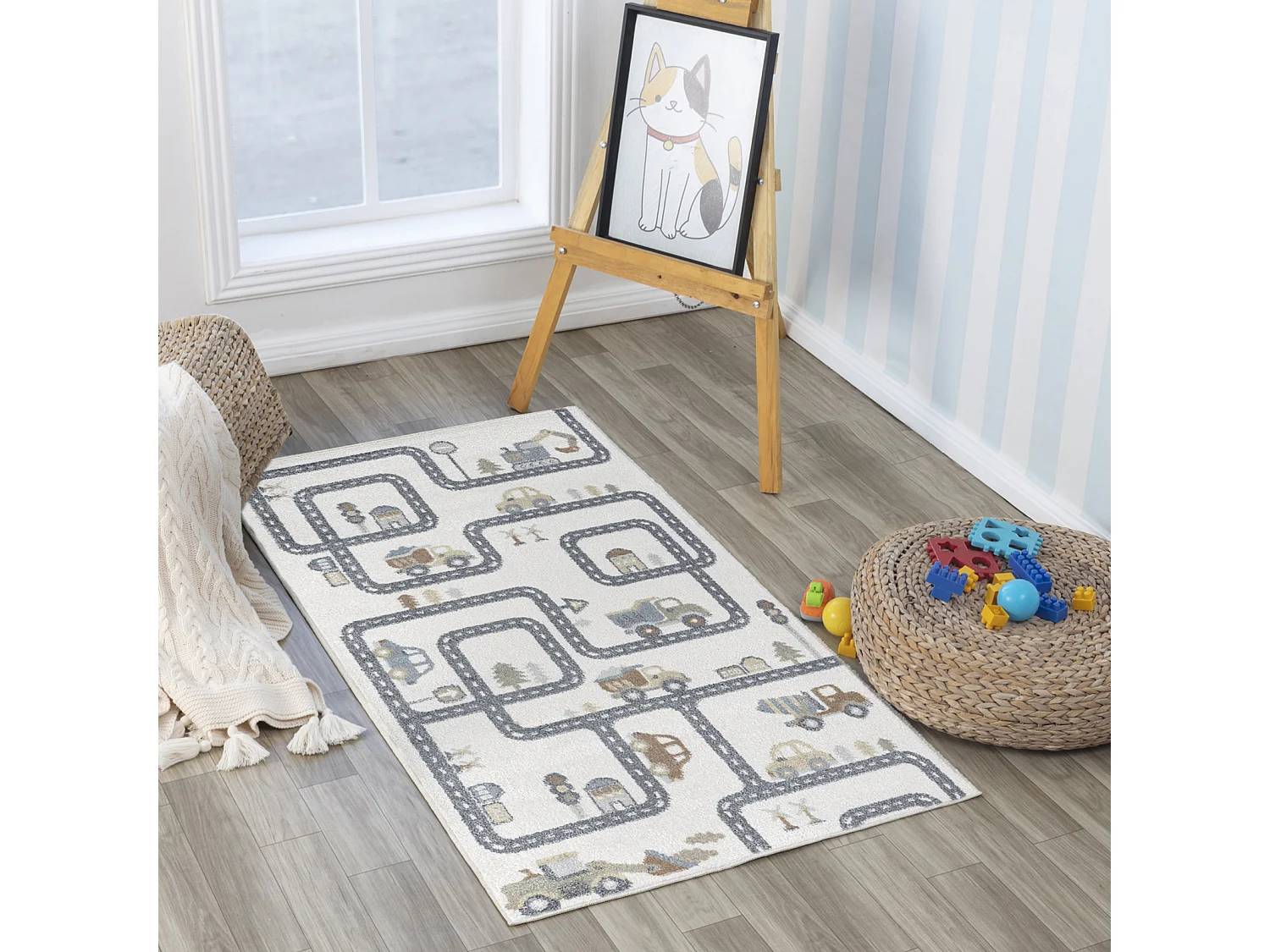 Machinewasbaar Kinderkamer Vloerkleed Autocircuit - Beige/Grijs - 80x150cm - VROOMVILLE