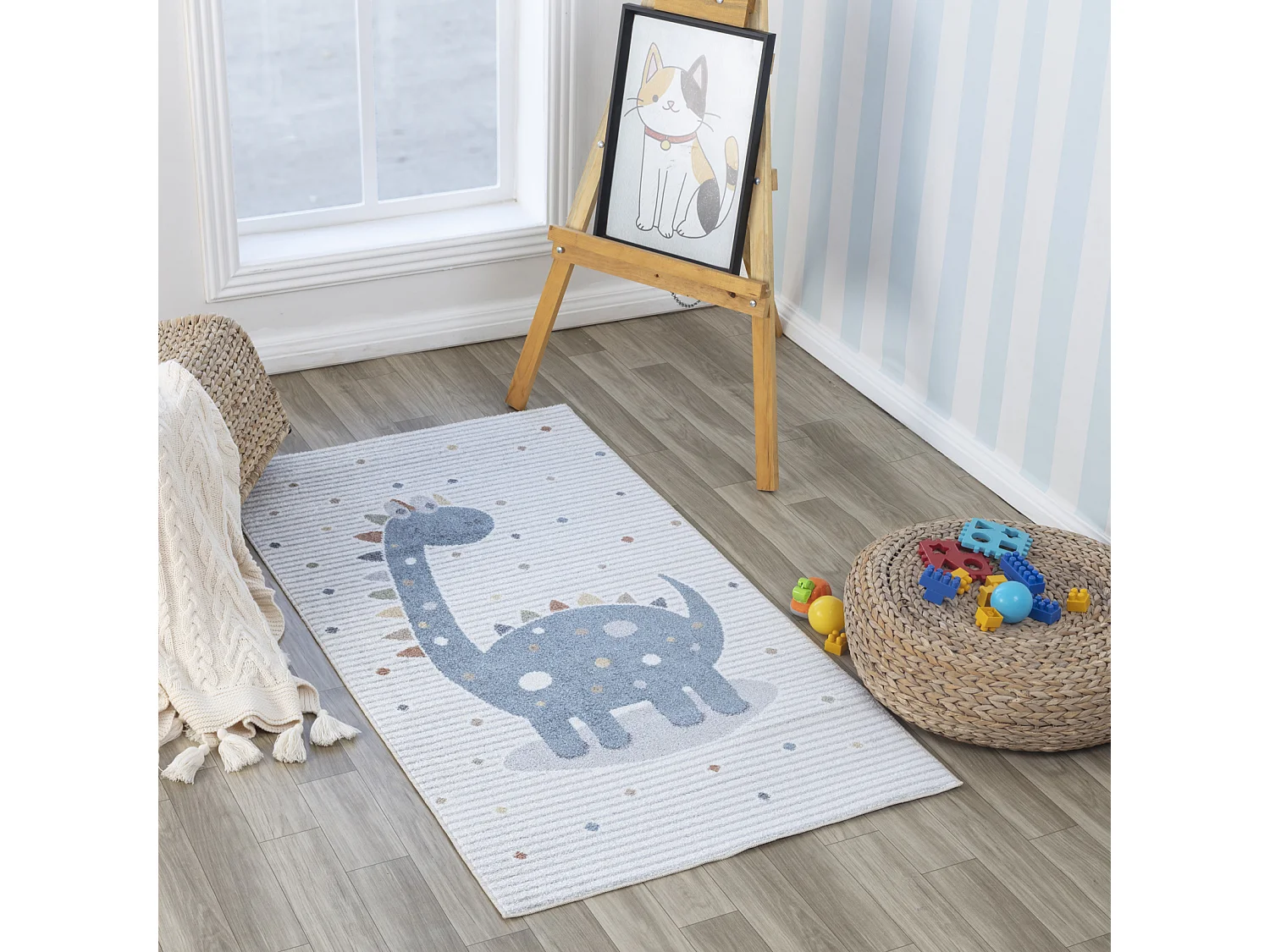 Maschinenwaschbarer Kinderteppich Dinosaurier - Beige/Grau - 80x150cm - DINO