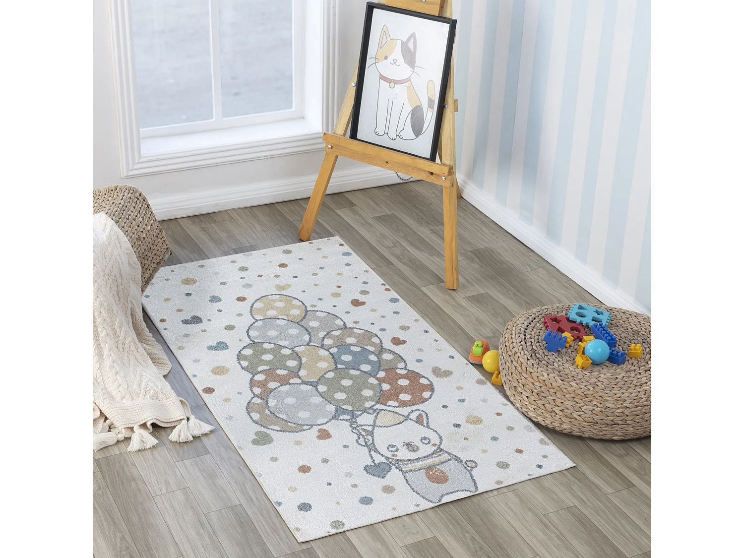 Tapis Enfant Lavable en Machine Ballons - Multicolore/Beige - 80x150cm - BALOON BUDDY