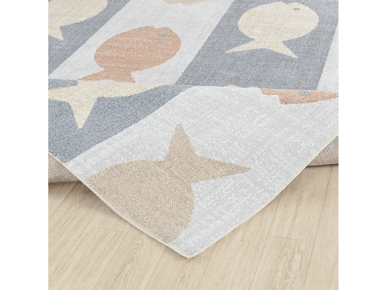 Tapis Enfant Lavable en Machine Poissons - Beige/Gris/Orange - 120x170cm - AQUAFIESTA