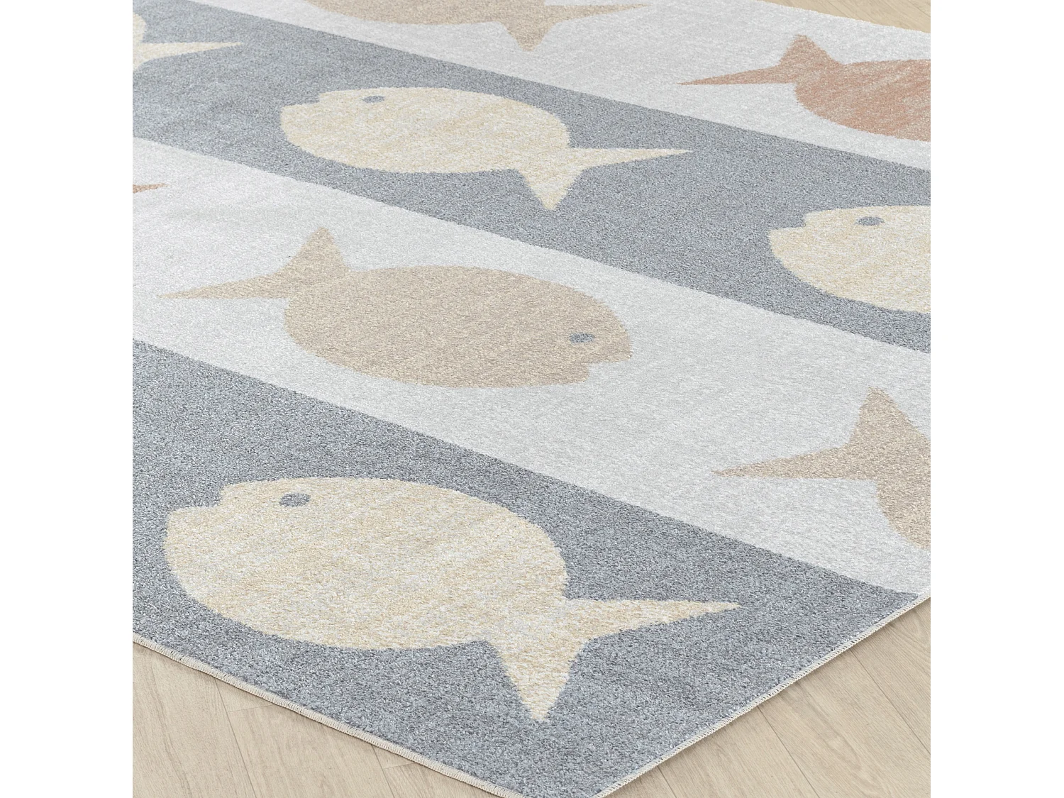 Tapis Enfant Lavable en Machine Poissons - Beige/Gris/Orange - 120x170cm - AQUAFIESTA