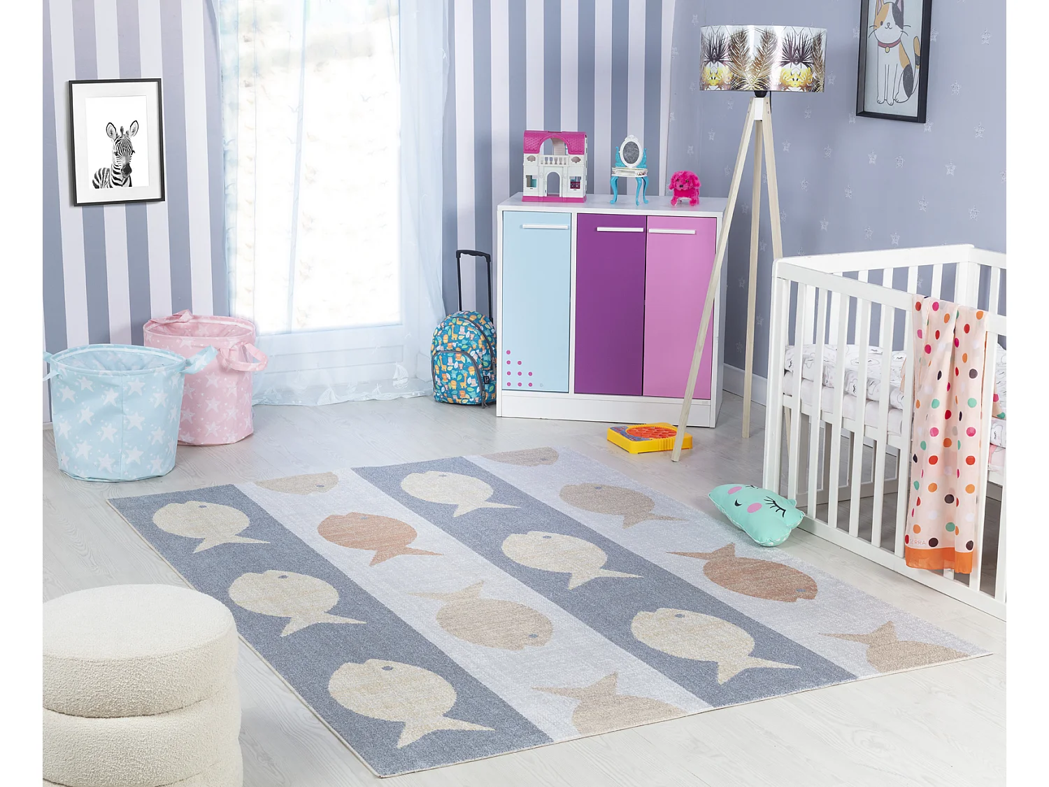 Tapis Enfant Lavable en Machine Poissons - Beige/Gris/Orange - 120x170cm - AQUAFIESTA