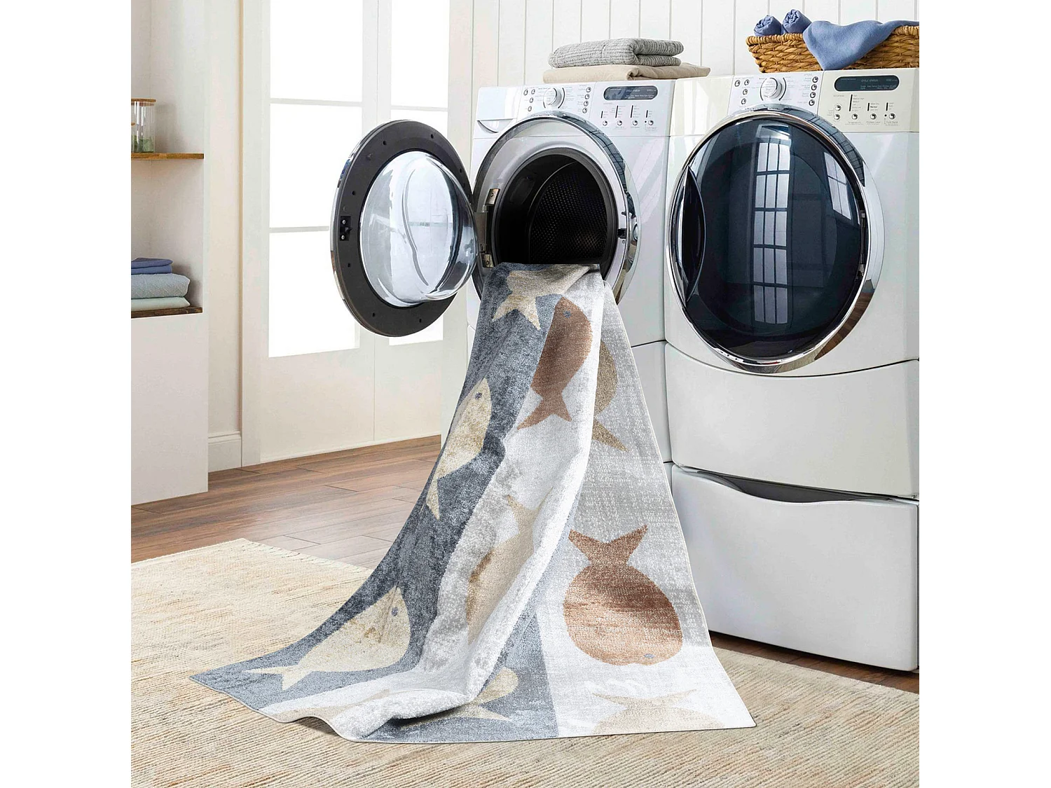 Tapis Enfant Lavable en Machine Poissons - Beige/Gris/Orange - 120x170cm - AQUAFIESTA