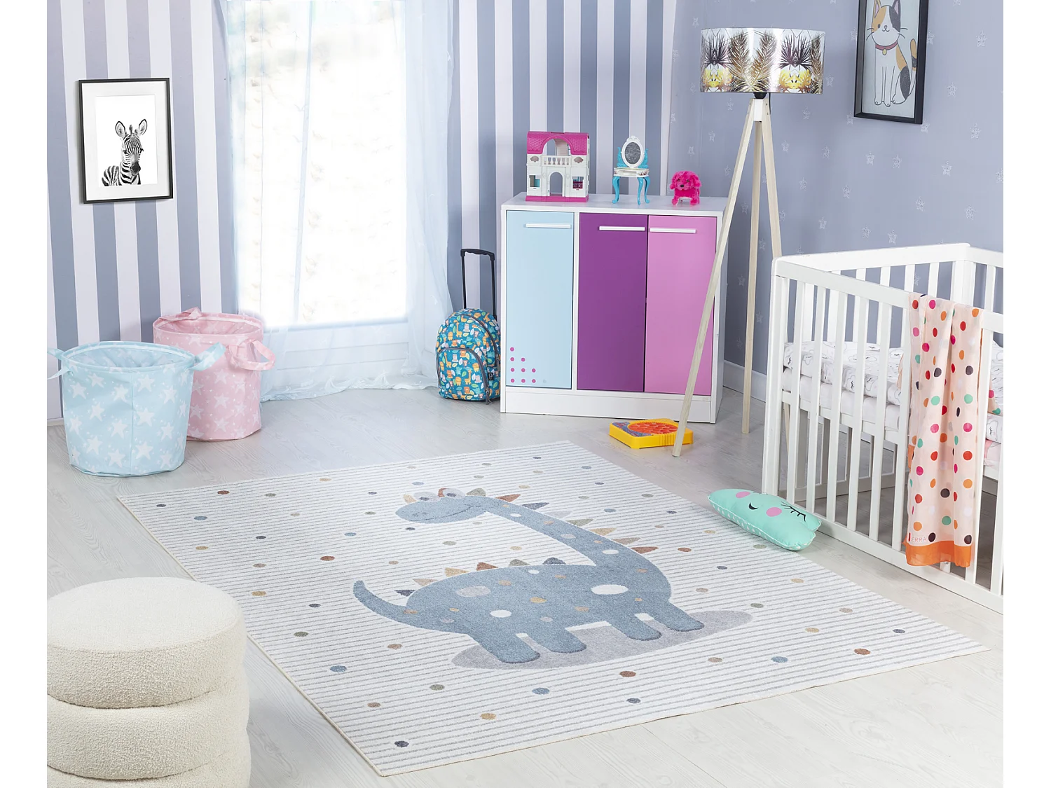 Tapis Enfant Lavable en Machine Dinosaure - Beige/Gris - 160x213cm - DINO