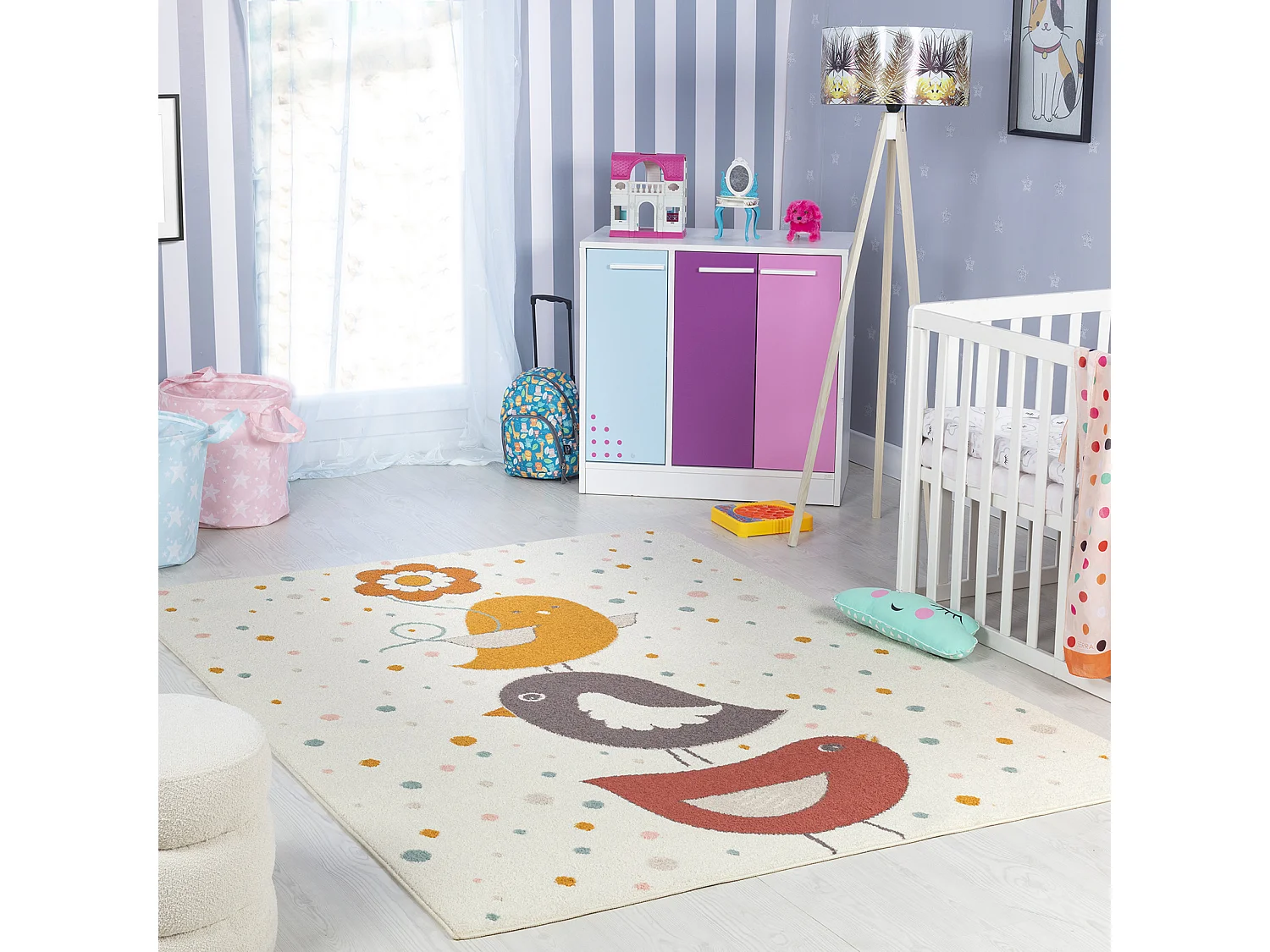 Kinderkamer Vloerkleed Vogels - Geel/Blauw/Bruin - 160x213cm - PIOUPIOU