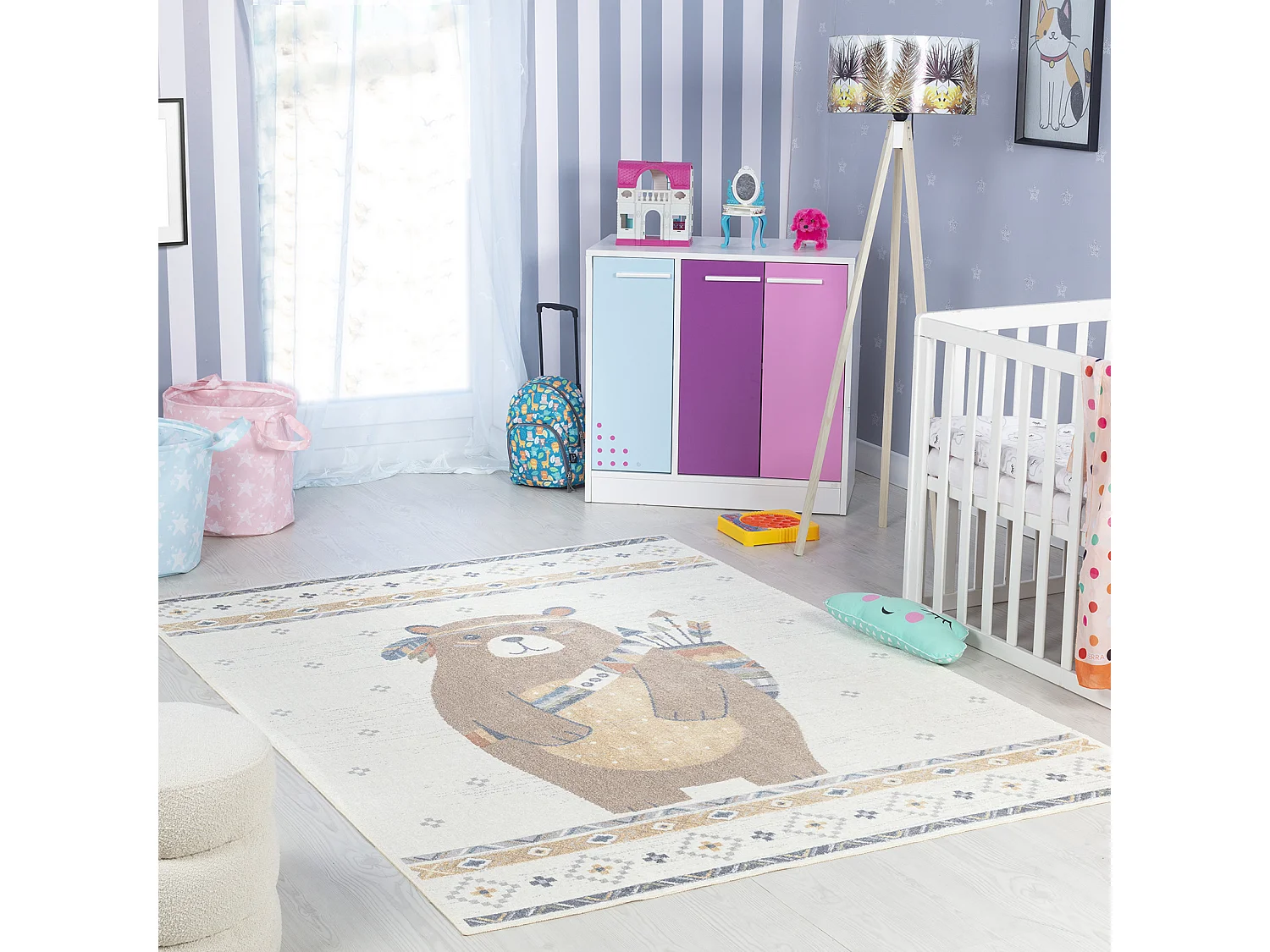 Tapis Enfant Lavable en Machine Ours Indien - Beige/Brun - 120x170cm - OURSIGENE