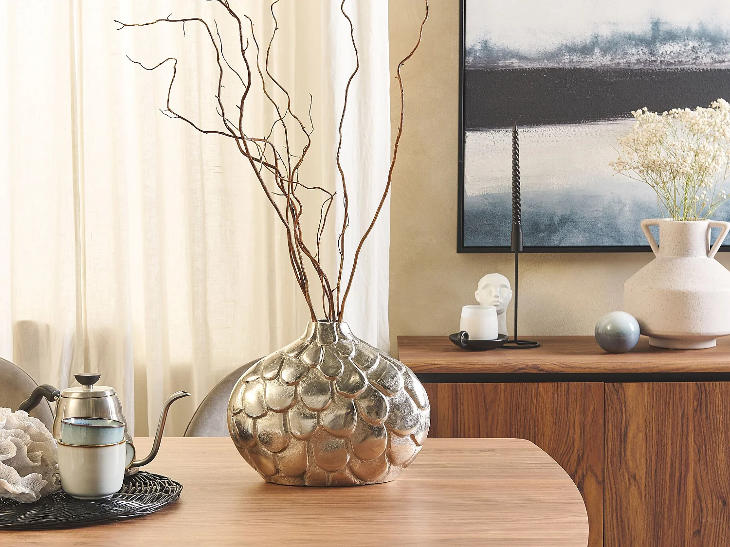 Blumenvase Aluminium silber mit Schuppen Struktur 26 cm Handarbeit Deko Timgad