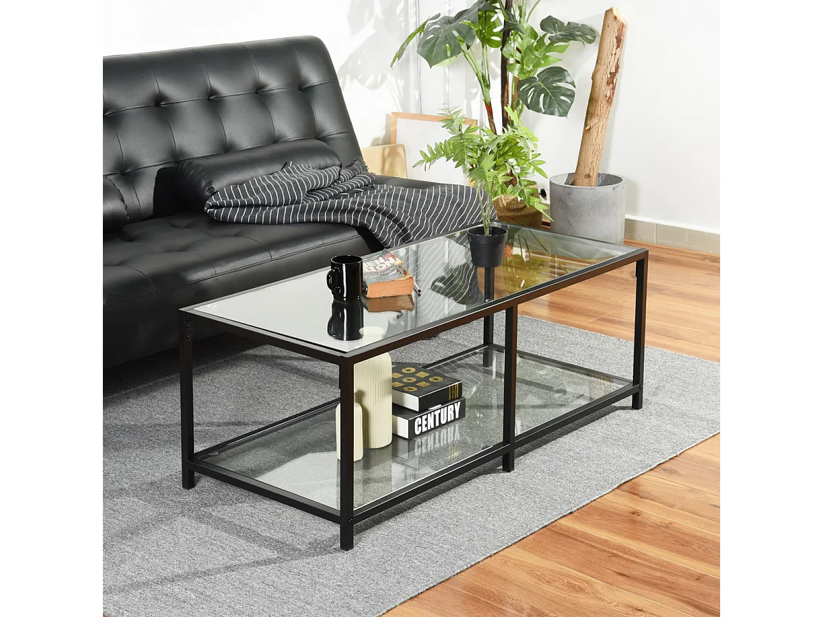 URBAN MEUBLE Mesa de centro rectangular de cristal para salón, cristal templado, estructura de metal, 110*50*42 cm