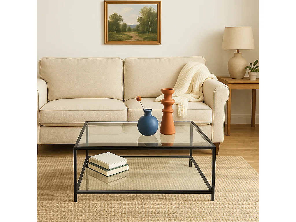 URBAN MEUBLE Table basse salon en verre et en métal noir