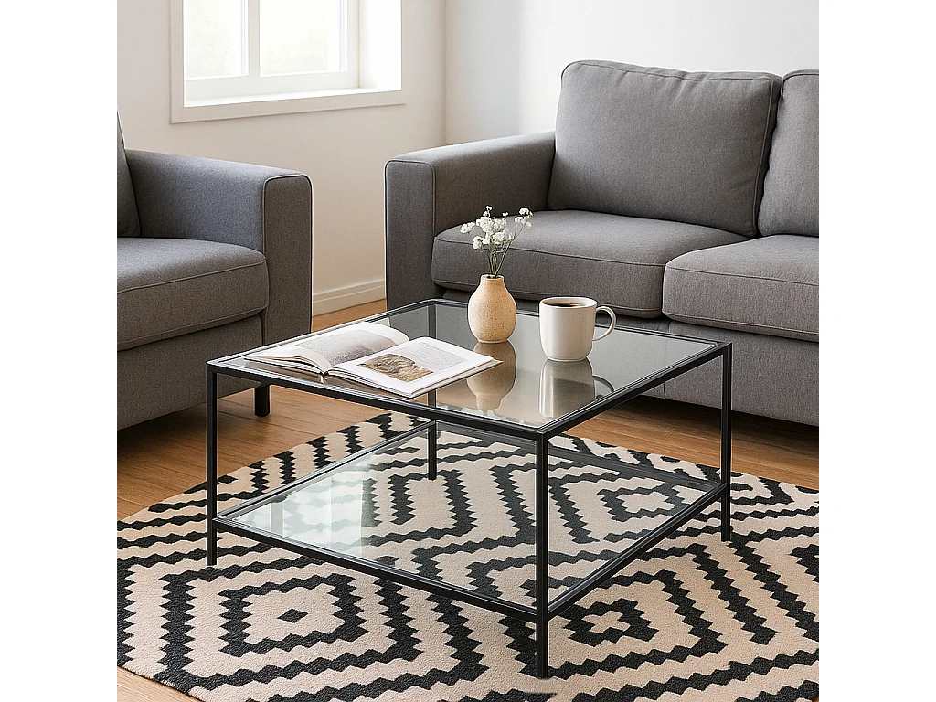 URBAN MEUBLE Table basse salon en verre et en métal noir